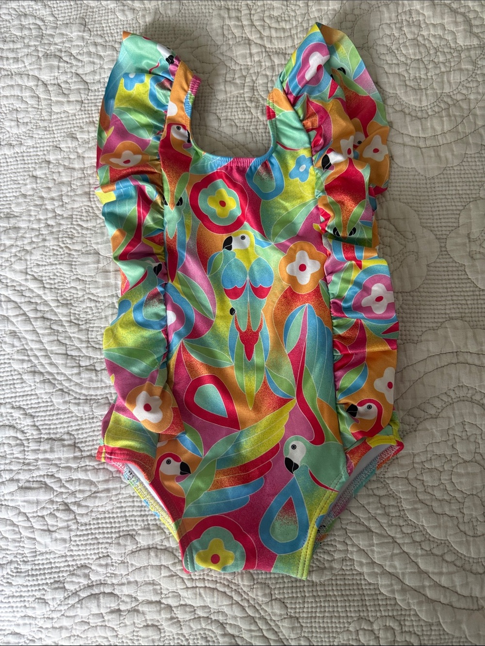 Kenny Flowers Parrots of Caribbean Girl’s Tropical Ruffle One-Piece Swim Suit